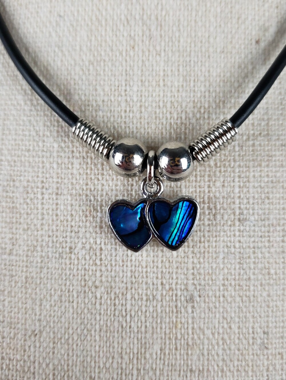 Double Heart Abalone Paua Shell Pendant Necklace in Blue
